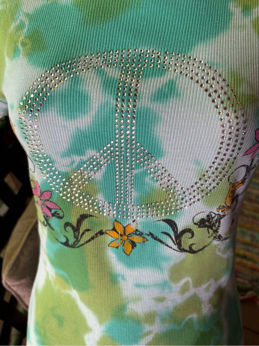 Y2K Sledge Blue/Green Tie-Dye Rhinestone Peace Sign Tee with Floral Detail